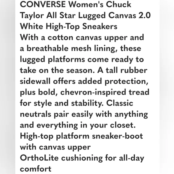 CONVERSE CHUCK TAYLOR ALL STAR LUGGED CANVAS 2.0 WHITE HI-TOP SNEAKERS s… - Picture 3 of 17